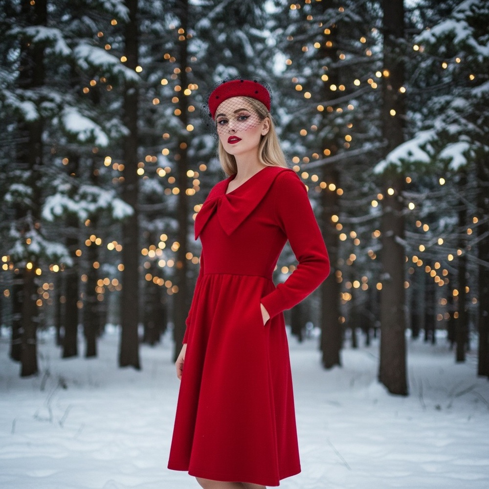 Vtg Ciao Ltd I. Magnin Red Wool Exaggerated Bow Long Sleeve Dress